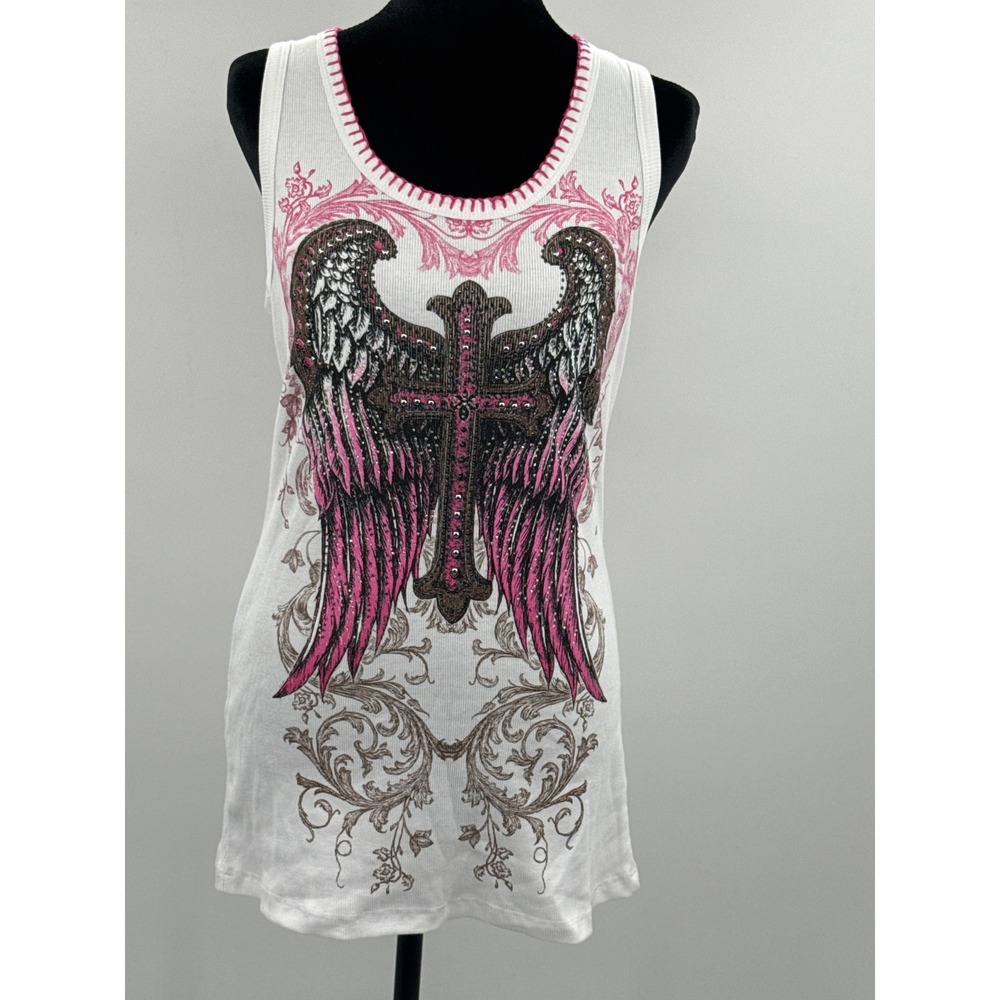 Vocal Rhinestone Angel Wings Cross Ribbed Tank Top White Pink Y2K XL NEW